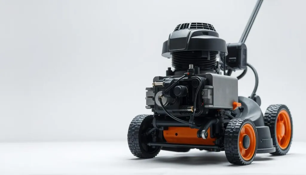 A detailed, precisely engineered lawn mower engine, set against a clean, well-lit backdrop. The engine's internal components, such as the cylinder, piston, crankshaft, and valves, are visible, showcasing the intricate design and engineering principles. The lighting is soft and diffused, creating a sense of technical sophistication. The camera angle is positioned to provide a clear, unobstructed view of the engine's specifications and construction, allowing the viewer to appreciate the technical details that contribute to the efficient operation of a lawn mower. A detailed, precisely engineered lawn mower engine, set against a clean, well-lit backdrop. The engine's internal components, such as the cylinder, piston, crankshaft, and valves, are visible, showcasing the intricate design and engineering principles. The lighting is soft and diffused, creating a sense of technical sophistication. The camera angle is positioned to provide a clear, unobstructed view of the engine's specifications and construction, allowing the viewer to appreciate the technical details that contribute to the efficient operation of a lawn mower.