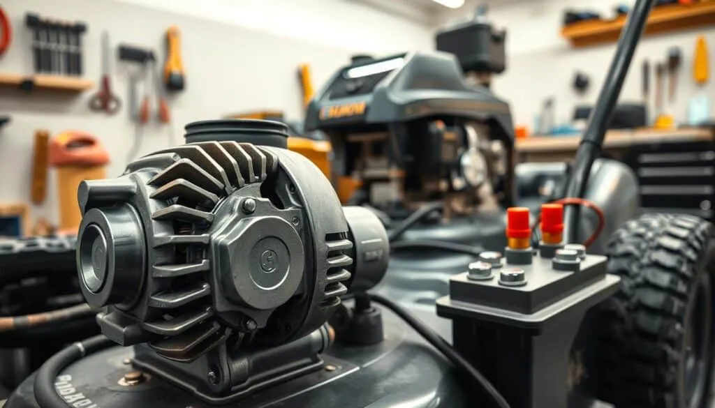 A detailed view of the charging system components of a lawn mower, captured in a clean, well-lit workshop setting. The foreground features the lawn mower's alternator, voltage regulator, and battery terminals, rendered with precise mechanical detail. The middle ground showcases the lawn mower's engine and surrounding components, providing context. The background features a clean, neutral-toned workbench, with tools and equipment neatly arranged, creating a sense of order and professionalism. The overall mood is one of technical precision and functionality, reflecting the informative nature of the article.