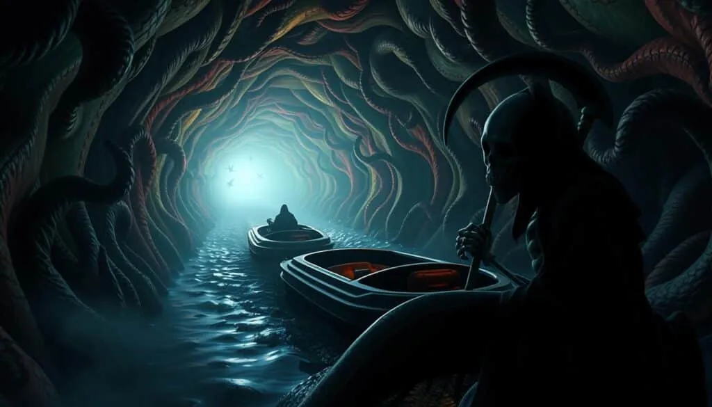A dimly lit, grisly boat ride through the surreal, twisting tunnel of Willy Wonka's chocolate factory. The boat glides ominously, illuminated by the eerie glow of the psychedelic walls. Shadows dance across the twisted, organic landscape, creating an atmosphere of unease and dread. In the foreground, the ominous figure of the Grim Reaper looms, its skeletal form casting a foreboding presence. The scene evokes a sense of unsettling mystery, hinting at the disturbing details that lay ahead.