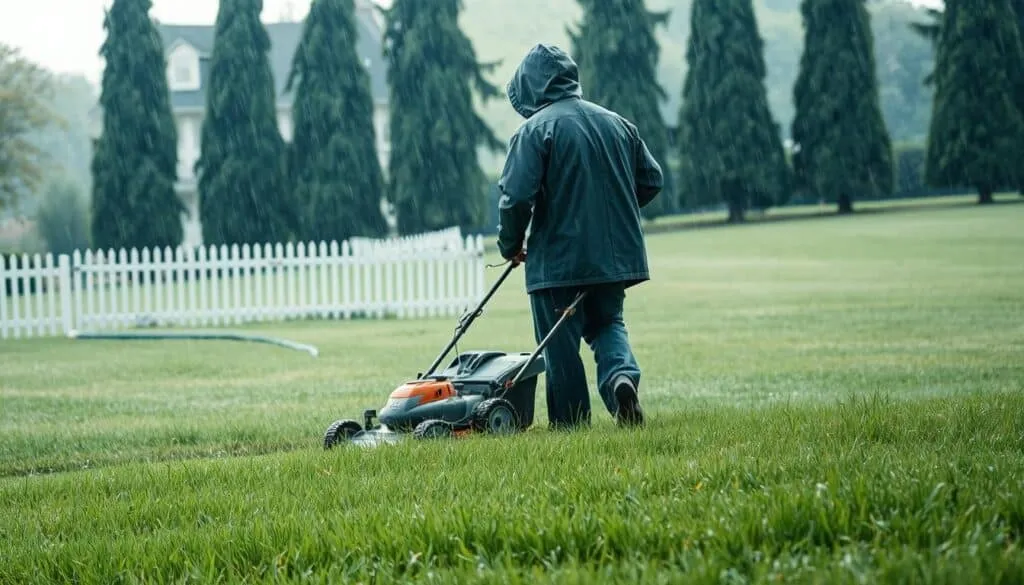 A lush lawn, freshly dampened by an early morning drizzle, as a figure in a hooded rain jacket meticulously guides a lawn mower through the verdant blades. Soft, diffused natural light filters through the overcast sky, casting a moody, atmospheric glow over the scene. The mower's blades glisten with droplets, leaving behind a trail of neatly trimmed, slightly damp grass. In the middle ground, a garden hose snakes across the ground, highlighting the contrast between the wet and dry areas of the lawn. In the background, a picket fence and a row of tall, swaying trees set the pastoral scene. The overall mood is one of a tranquil, contemplative moment, where the rhythm of lawn mowing provides a sense of order and purpose amidst the natural elements. A lush lawn, freshly dampened by an early morning drizzle, as a figure in a hooded rain jacket meticulously guides a lawn mower through the verdant blades. Soft, diffused natural light filters through the overcast sky, casting a moody, atmospheric glow over the scene. The mower's blades glisten with droplets, leaving behind a trail of neatly trimmed, slightly damp grass. In the middle ground, a garden hose snakes across the ground, highlighting the contrast between the wet and dry areas of the lawn. In the background, a picket fence and a row of tall, swaying trees set the pastoral scene. The overall mood is one of a tranquil, contemplative moment, where the rhythm of lawn mowing provides a sense of order and purpose amidst the natural elements.