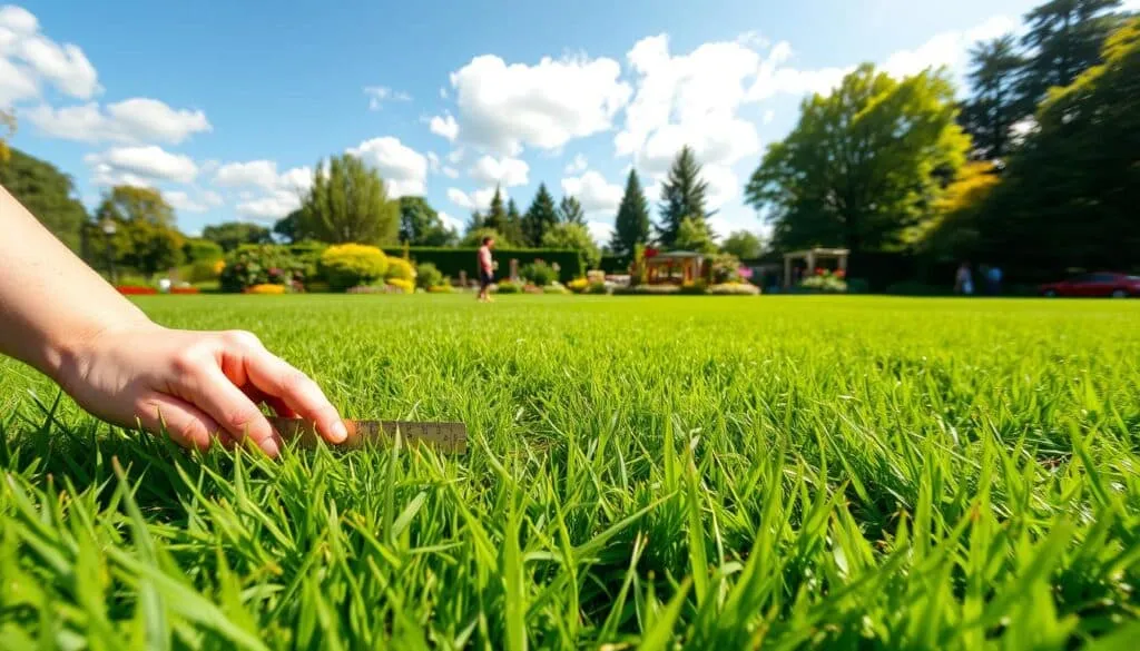 A lush, verdant lawn on a bright, sunny day. In the foreground, a person kneels down, gently running their fingers through the soft, emerald blades of grass, carefully measuring the height with a small ruler. The middle ground showcases the seamless transition from the manicured lawn to the surrounding garden, filled with vibrant flowers and towering trees. In the background, a picturesque blue sky dotted with fluffy white clouds, creating a peaceful, idyllic atmosphere. Warm, natural lighting casts a gentle glow, accentuating the textures and colors of the scene. Captured with a wide-angle lens, the composition invites the viewer to fully immerse themselves in the serene, tranquil setting.