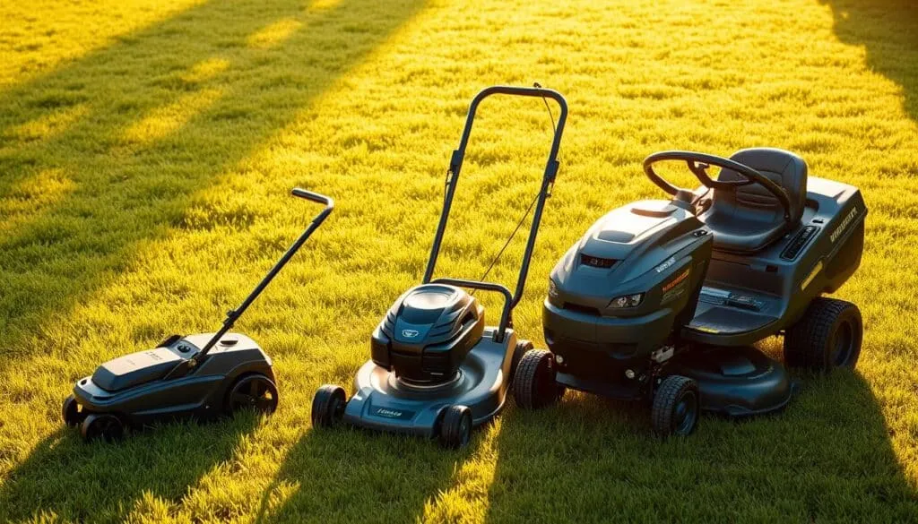 A lush, verdant lawn serves as the backdrop, illuminated by warm, golden sunlight. In the foreground, three different lawn mowers stand in a row, their distinctive silhouettes and features clearly visible. A compact, push-behind mower stands to the left, its compact design and manual operation evident. In the center, a larger, self-propelled mower with sleek lines and an efficient engine showcases its power. To the right, a robust, ride-on mower with a wide deck and powerful motor dominates the scene, ready to tackle expansive lawns with ease. The varying sizes, shapes, and capabilities of these mowers create a visual comparison, inviting the viewer to explore the differences in speed and efficiency between these lawn care tools.