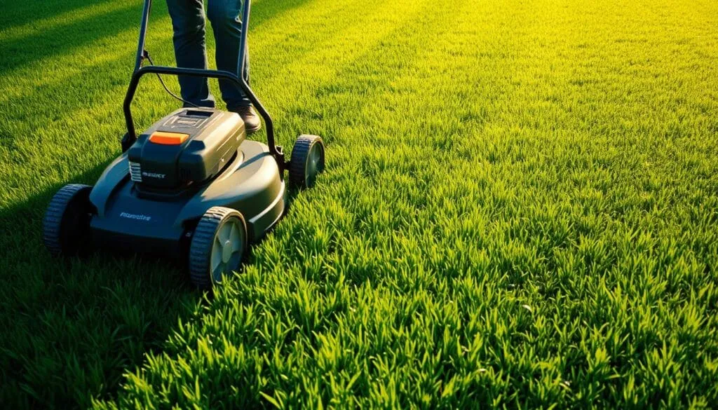 A lush, verdant lawn with a crisp, even pattern of freshly mowed grass. In the foreground, a modern, high-powered lawn mower cuts a clean, precise swath, its blades spinning at an optimal speed. The mid-ground reveals the meticulous technique of the operator, guiding the mower with fluid, efficient movements. In the background, the sun casts a warm, golden glow, illuminating the pristine lawn and highlighting the intricate texture of the grass. The overall scene conveys a sense of order, pride, and attention to detail, perfectly capturing the essence of 