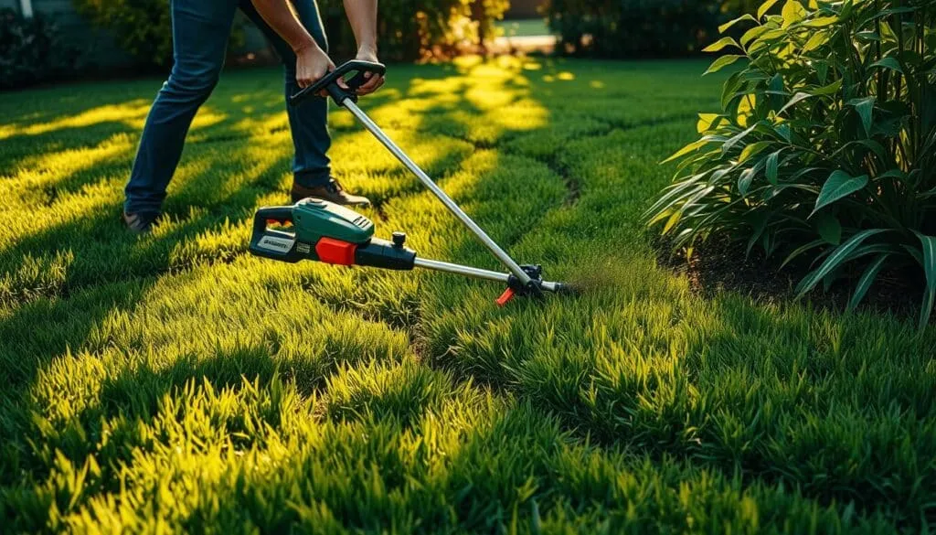 A lush, verdant lawn with a person skillfully wielding a weed whacker, meticulously trimming along the edges and around obstacles. The whirring of the motor and the graceful movements of the operator create a rhythmic dance as the grass is neatly cut. Warm, diffused sunlight filters through the leaves, casting gentle shadows and highlights on the scene. The frame is composed to showcase the proper techniques, with a clear view of the weed whacker's path and the user's fluid motions. The overall atmosphere conveys a sense of focused, efficient lawn care.