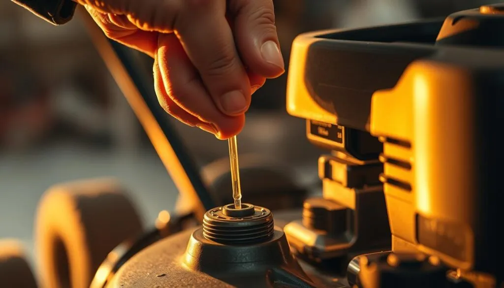 A mechanic's hand carefully inserting a dipstick into the engine oil reservoir of a lawn mower, checking the fluid level against the markings. Warm, golden lighting from the garage illuminates the scene, casting soft shadows. The mower's engine block is visible in the background, its metallic surfaces gleaming. The mechanic's face is focused, brow furrowed in concentration, as they ensure the proper oil level for optimal lawn mower performance and to prevent smoking issues.