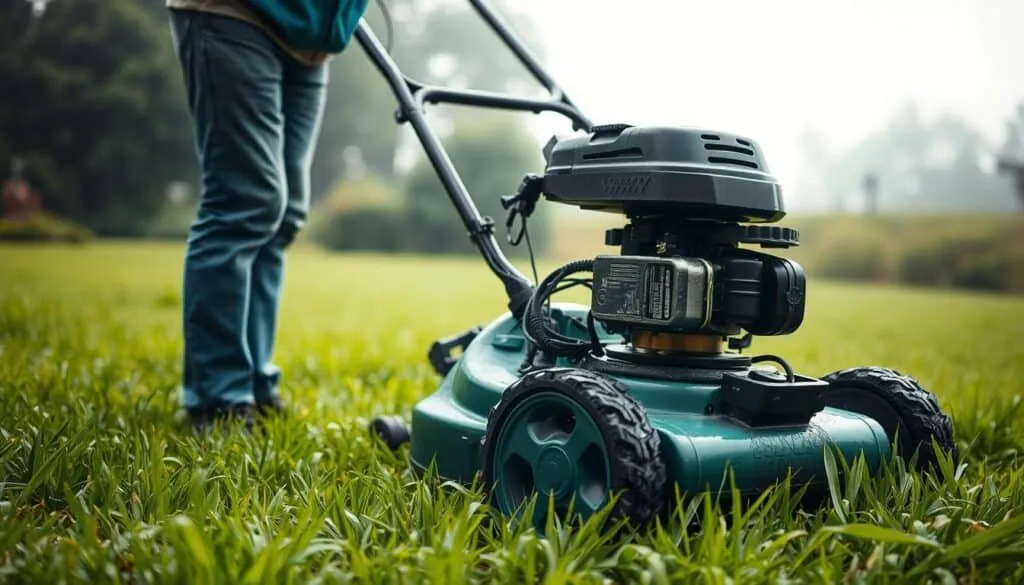 A person standing in a lush, damp garden, carefully inspecting a lawn mower before use. The mower is equipped with specialized tires designed for wet terrain. In the background, vibrant green grass glistens with morning dew, creating a serene and tranquil atmosphere. Soft, diffused lighting filters through overcast skies, casting a gentle glow on the scene. The focus is on the person's attentive expression as they prepare the mower, conveying the importance of proper maintenance and safety when mowing wet grass.
