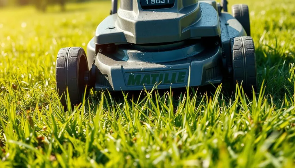 A sun-drenched lawn, freshly mowed, with a lawn mower sitting in the center. The metal surface of the mower glistens, droplets of water evaporating in the warm breeze. Blades of grass sway gently, creating a serene, natural backdrop. The mower's wheels are slightly elevated, allowing air to circulate and dry the undercarriage. Soft, diffused lighting illuminates the scene, casting subtle shadows and highlighting the intricate details of the machine. The overall atmosphere conveys a sense of patient waiting, as the lawn mower patiently dries, ready to return to its grassy domain.