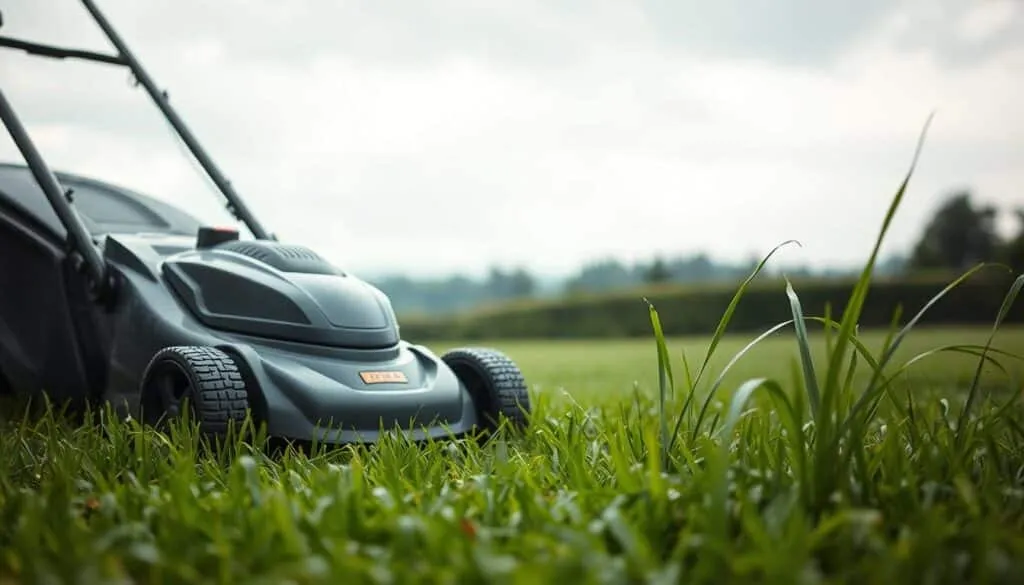 A verdant lawn under a soft, overcast sky. In the foreground, a modern lawn mower stands ready, its sleek design and oversized wheels suggesting suitability for wet conditions. The mower's blades glint in the muted light, promising an efficient cut even on damp grass. In the middle ground, rain-soaked grass blades bend gently, their lush green hues contrasting with the mower's muted tones. The background fades into a blurred landscape, hinting at the larger context of the lawn, perhaps a picturesque garden or a peaceful suburban setting. The overall atmosphere conveys a sense of care and consideration for maintaining a healthy, well-groomed lawn even in less-than-ideal weather.