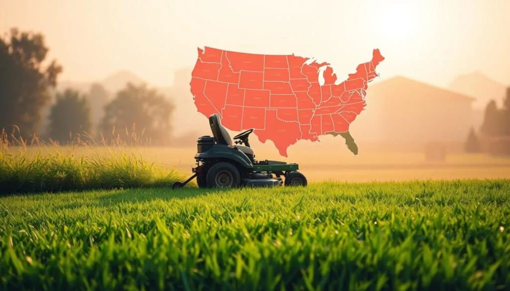 A vibrant, detailed infographic depicting the pricing trends for lawn mowing services across the United States. In the foreground, a lush green lawn stretches out, with a riding lawn mower cutting through the grass. The mower casts dynamic shadows, creating a sense of movement and realism. In the middle ground, a map of the United States is displayed, with various regions highlighted to showcase the regional variations in lawn mowing prices. The map is rendered in a clean, modern style, using a color palette that complements the natural tones of the lawn. In the background, a soft, hazy skyline provides a sense of depth and atmosphere, with the warm glow of the sun illuminating the scene. The overall composition is balanced and visually engaging, effectively communicating the key insights about lawn mowing pricing trends across different locations.