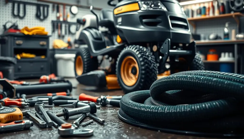 A well-equipped maintenance station for wet mowing conditions. In the foreground, an array of specialized tools - screwdrivers, wrenches, and a heavy-duty hose for cleaning. In the middle ground, a riding lawn mower undergoing a thorough inspection, its wheels and undercarriage meticulously examined. The background depicts a neatly organized workbench, stocked with spare parts, lubricants, and cleaning supplies. Soft, diffused lighting illuminates the scene, creating an atmosphere of focused efficiency. The overall composition conveys the importance of diligent equipment care to ensure optimal performance in damp, challenging environments. A well-equipped maintenance station for wet mowing conditions. In the foreground, an array of specialized tools - screwdrivers, wrenches, and a heavy-duty hose for cleaning. In the middle ground, a riding lawn mower undergoing a thorough inspection, its wheels and undercarriage meticulously examined. The background depicts a neatly organized workbench, stocked with spare parts, lubricants, and cleaning supplies. Soft, diffused lighting illuminates the scene, creating an atmosphere of focused efficiency. The overall composition conveys the importance of diligent equipment care to ensure optimal performance in damp, challenging environments.