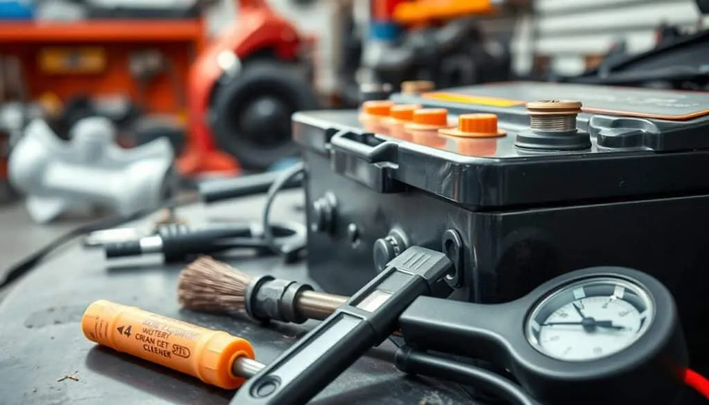 A well-lit, close-up view of a car battery, its terminals and connectors clearly visible. In the foreground, a set of tools - a wire brush, battery terminal cleaner, and a voltmeter - are arranged neatly. The background shows a garage workbench, with tools and automotive parts in the periphery, creating a sense of a professional, well-equipped maintenance setting. The image conveys a sense of diligence and care, highlighting the importance of proper battery maintenance for long-term performance and reliability.