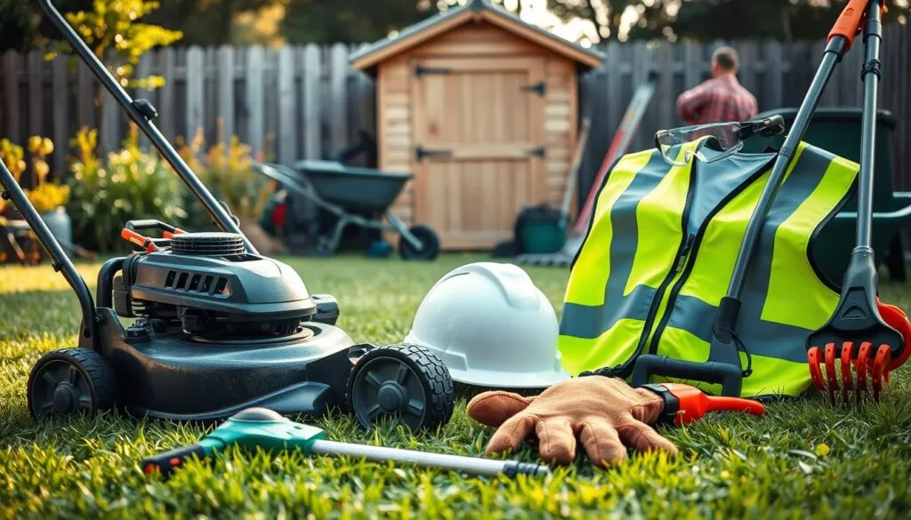 A well-lit, high-angle shot of a neatly arranged collection of lawn care equipment and safety gear. In the foreground, a gas-powered lawn mower, a string trimmer, and a pair of sturdy work gloves. In the middle ground, a hard hat, safety goggles, and a high-visibility safety vest. In the background, a garden shed, a rake, and a wheelbarrow, all bathed in soft, diffused natural light. The overall scene conveys a sense of organization, preparedness, and a commitment to safe and effective lawn maintenance.