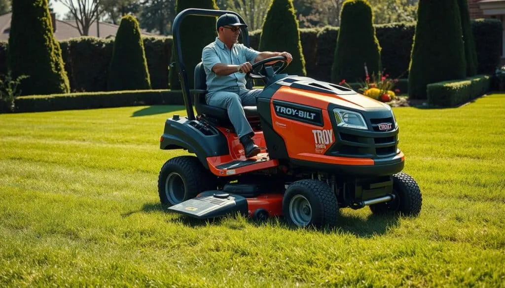 A well-lit, high-quality photograph of a Troy-Bilt riding mower being tested on a lush, green lawn. The mower is prominently featured in the foreground, its sleek black and orange body gleaming in the sunlight. The operator, dressed in a crisp uniform, is visible in the middle ground, carefully maneuvering the mower. In the background, a neatly trimmed garden and a few tall trees create a serene, suburban setting. The image conveys a sense of quality, durability, and attention to detail, perfectly capturing the essence of the Troy-Bilt riding mower and its performance. A well-lit, high-quality photograph of a Troy-Bilt riding mower being tested on a lush, green lawn. The mower is prominently featured in the foreground, its sleek black and orange body gleaming in the sunlight. The operator, dressed in a crisp uniform, is visible in the middle ground, carefully maneuvering the mower. In the background, a neatly trimmed garden and a few tall trees create a serene, suburban setting. The image conveys a sense of quality, durability, and attention to detail, perfectly capturing the essence of the Troy-Bilt riding mower and its performance.