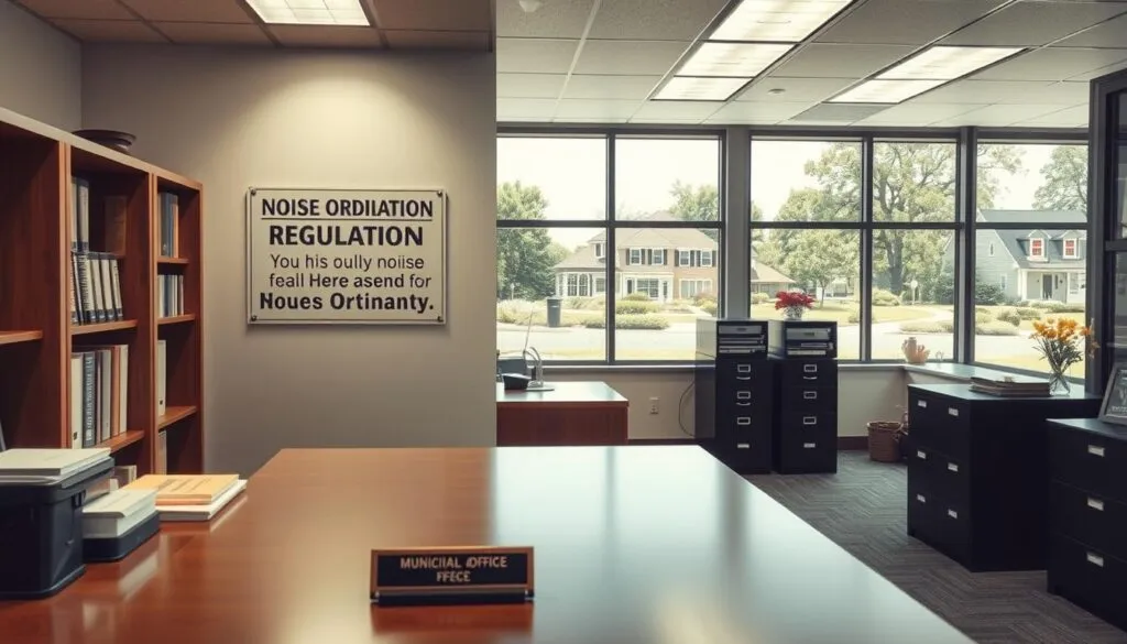 A well-lit municipal office interior, with a sign on the wall displaying local noise ordinance regulations. The desk in the foreground has a nameplate and office supplies, conveying a sense of authority. The middle ground features bookcases and filing cabinets, hinting at the bureaucratic nature of the space. The background shows large windows with a view of a peaceful suburban neighborhood, emphasizing the local context. The lighting is soft and professional, creating a serious yet approachable atmosphere. The overall composition suggests the importance of understanding and complying with community noise guidelines.