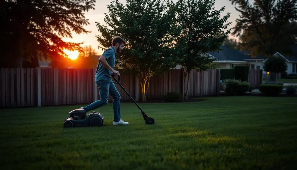 A well-lit suburban lawn at dusk, the sun just starting to set over the horizon. In the foreground, a man in casual attire meticulously pushes a modern, electric lawn mower across the neatly trimmed grass, racing against the encroaching twilight. The middle ground features a wooden fence and a few lush trees, their leaves gently swaying in the evening breeze. The background is a softly blurred neighborhood, hinting at the nearby homes and streetlights about to illuminate. The scene conveys a sense of urgency and the need to complete the task before darkness falls.