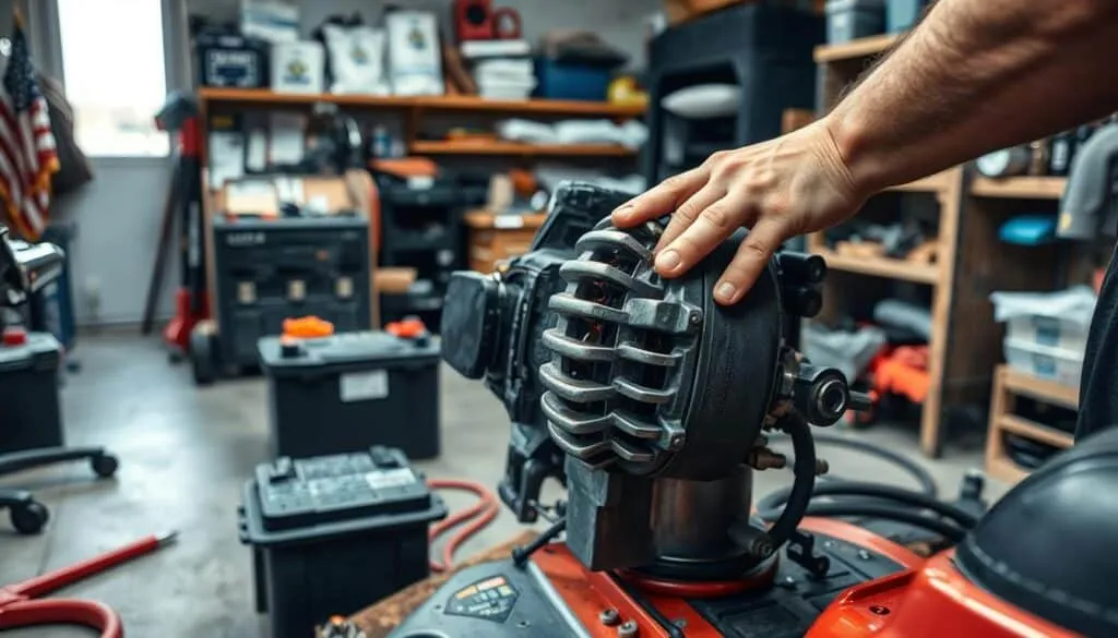 A well-lit workshop interior, with a riding lawn mower's alternator in the foreground, surrounded by various tools and components. A mechanic's hands are carefully inspecting the alternator, highlighting its intricate structure and connections. The middle ground features a battery and other related parts, while the background showcases shelves with diagnostic equipment, manuals, and spare parts, conveying a sense of expertise and preparedness. The scene exudes an atmosphere of focused attention to detail, guiding the viewer through the maintenance process for a riding lawn mower's alternator and battery. A well-lit workshop interior, with a riding lawn mower's alternator in the foreground, surrounded by various tools and components. A mechanic's hands are carefully inspecting the alternator, highlighting its intricate structure and connections. The middle ground features a battery and other related parts, while the background showcases shelves with diagnostic equipment, manuals, and spare parts, conveying a sense of expertise and preparedness. The scene exudes an atmosphere of focused attention to detail, guiding the viewer through the maintenance process for a riding lawn mower's alternator and battery.
