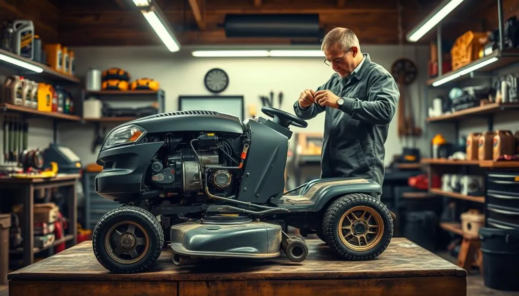 A well-lit workshop interior, with a sturdy workbench in the foreground, upon which rests a freshly serviced lawn mower. The mower's engine is opened, exposing its inner components. A mechanic, clad in a coverall, carefully inspects each part, gauging wear and tear using specialized tools. The lighting casts a warm, focused glow, emphasizing the intricate details of the maintenance process. In the background, shelves laden with oil cans, spare parts, and other lawn care equipment suggest a comprehensive, professional approach to lawn mower upkeep. The scene conveys a sense of diligence, expertise, and a commitment to ensuring the longevity and optimal performance of the lawn mower. A well-lit workshop interior, with a sturdy workbench in the foreground, upon which rests a freshly serviced lawn mower. The mower's engine is opened, exposing its inner components. A mechanic, clad in a coverall, carefully inspects each part, gauging wear and tear using specialized tools. The lighting casts a warm, focused glow, emphasizing the intricate details of the maintenance process. In the background, shelves laden with oil cans, spare parts, and other lawn care equipment suggest a comprehensive, professional approach to lawn mower upkeep. The scene conveys a sense of diligence, expertise, and a commitment to ensuring the longevity and optimal performance of the lawn mower.