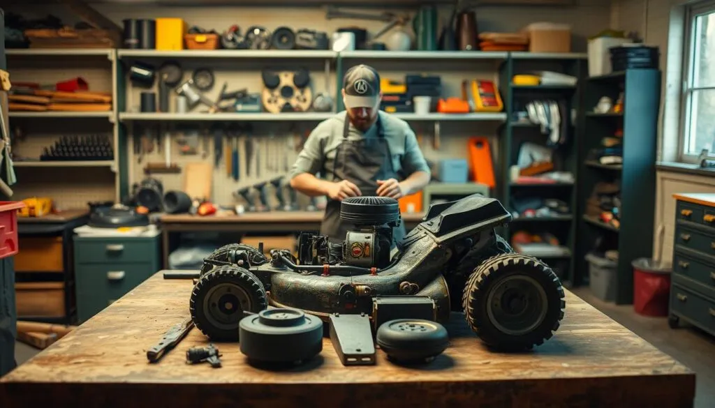 A well-lit workshop interior, with a sturdy workbench in the foreground. On the bench, a meticulously disassembled lawn mower, its components laid out in an organized manner. In the middle ground, a skilled mechanic, wearing a grease-stained apron, carefully inspecting each part. The background features shelves stocked with neatly organized tools and spare parts, suggesting a methodical approach to lawn mower maintenance. Soft, warm lighting illuminates the scene, creating a sense of focused attention and dedication to the task at hand.