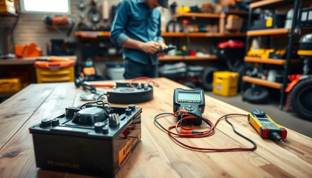 A well-lit workshop interior with a wooden workbench in the foreground, showcasing a disassembled lawn mower battery and various diagnostic tools. In the middle ground, a person in a blue shirt and jeans is closely examining the battery terminals with a multimeter. The background features shelves filled with lawn mower parts and maintenance supplies, creating a sense of a professional, well-equipped workspace dedicated to troubleshooting and repairing lawn equipment. The lighting is warm and focused, highlighting the technical details of the battery and the concentration of the person performing the diagnosis.