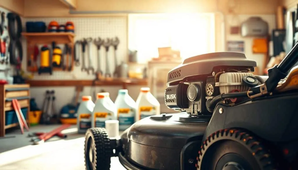 A well-organized lawn mower maintenance scene with a focus on oil change tips. In the foreground, a lawnmower is propped up on a sturdy workbench, its engine exposed, revealing the oil drain plug. In the middle ground, a set of wrenches, oil filters, and fresh oil bottles are neatly arranged. The background features a bright, sunlit garage interior with pegboards, tools, and a sense of order. Warm, natural lighting casts a golden glow over the scene, emphasizing the importance of proper maintenance. The overall composition conveys a sense of expertise and attention to detail, perfectly suited to illustrate the A well-organized lawn mower maintenance scene with a focus on oil change tips. In the foreground, a lawnmower is propped up on a sturdy workbench, its engine exposed, revealing the oil drain plug. In the middle ground, a set of wrenches, oil filters, and fresh oil bottles are neatly arranged. The background features a bright, sunlit garage interior with pegboards, tools, and a sense of order. Warm, natural lighting casts a golden glow over the scene, emphasizing the importance of proper maintenance. The overall composition conveys a sense of expertise and attention to detail, perfectly suited to illustrate the