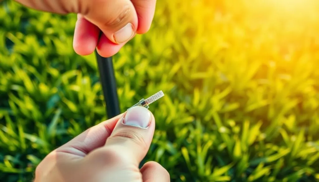 A close-up shot of a hand holding a push mower's dipstick, revealing the engine oil level against a bright, sun-dappled backdrop of freshly mowed grass. The dipstick's markings are clearly visible, providing precise visual guidance on the optimal oil fill level. Warm, natural lighting illuminates the scene, creating a sense of ease and practicality. The image captures the essential task of checking the oil level, a crucial step in maintaining a push mower's performance and longevity, aligning with the article's focus on understanding the proper oil requirements for this type of lawn equipment.