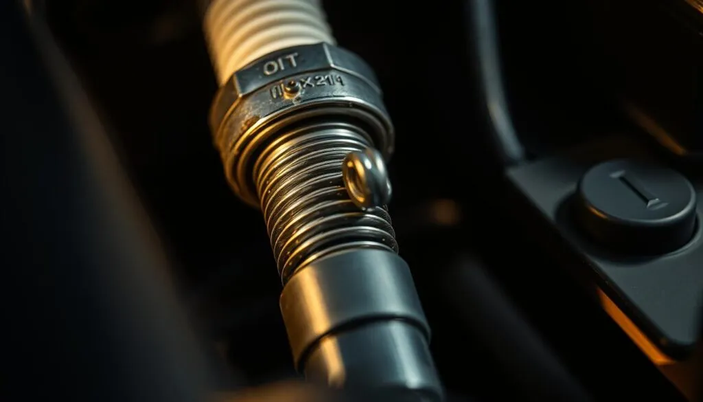 A close-up view of a spark plug being carefully inspected under bright, directional lighting. The plug's porcelain insulator and metal electrodes are sharply in focus, revealing intricate details and any potential signs of wear or damage. The surrounding engine components are slightly blurred, placing emphasis on the spark plug itself. The overall mood is one of technical precision and diligent examination, as if part of a professional mechanic's diagnostic process.