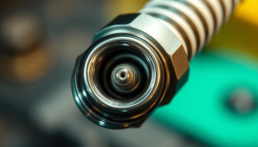A close-up view of a spark plug being carefully inspected under bright, focused lighting. The plug's metallic surface gleams, revealing its intricate details - the central electrode, the porcelain insulator, and the threads that secure it in place. The image is captured from a slightly angled perspective, emphasizing the plug's three-dimensional structure and inviting the viewer to study its inner workings. The background is softly blurred, keeping the attention firmly on the spark plug and highlighting its importance as a crucial component in the engine's ignition system.