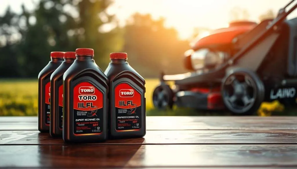 A detailed technical illustration of expert recommendations for Toro lawn mower oil, captured in a realistic, high-resolution photographic style. The foreground features a close-up view of various Toro-branded oil bottles, neatly arranged on a wooden surface with subtle reflections. The middle ground showcases a well-maintained Toro lawn mower, its metallic components gleaming under warm, directional lighting. The background subtly fades into a softly blurred, harmonious setting, conveying a sense of expertise and authority. The overall composition is clean, well-balanced, and designed to visually communicate the subject matter in a professional, informative manner. A detailed technical illustration of expert recommendations for Toro lawn mower oil, captured in a realistic, high-resolution photographic style. The foreground features a close-up view of various Toro-branded oil bottles, neatly arranged on a wooden surface with subtle reflections. The middle ground showcases a well-maintained Toro lawn mower, its metallic components gleaming under warm, directional lighting. The background subtly fades into a softly blurred, harmonious setting, conveying a sense of expertise and authority. The overall composition is clean, well-balanced, and designed to visually communicate the subject matter in a professional, informative manner.