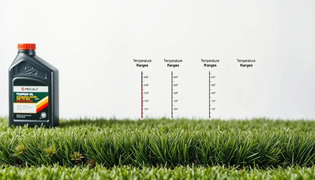 A meticulously detailed diagram showcasing the optimal temperature ranges for different types of lawn mower oil. The foreground features a clean, minimalist layout with neatly arranged oil bottles and temperature labels. The middle ground depicts a finely textured grass surface, subtly hinting at the real-world application. The background is a softly blurred, neutral-toned backdrop, allowing the informative elements to take center stage. The lighting is bright yet even, creating a crisp, authoritative atmosphere. The entire composition is captured from a slightly elevated, frontal perspective, conveying a sense of technical proficiency and instructional purpose.