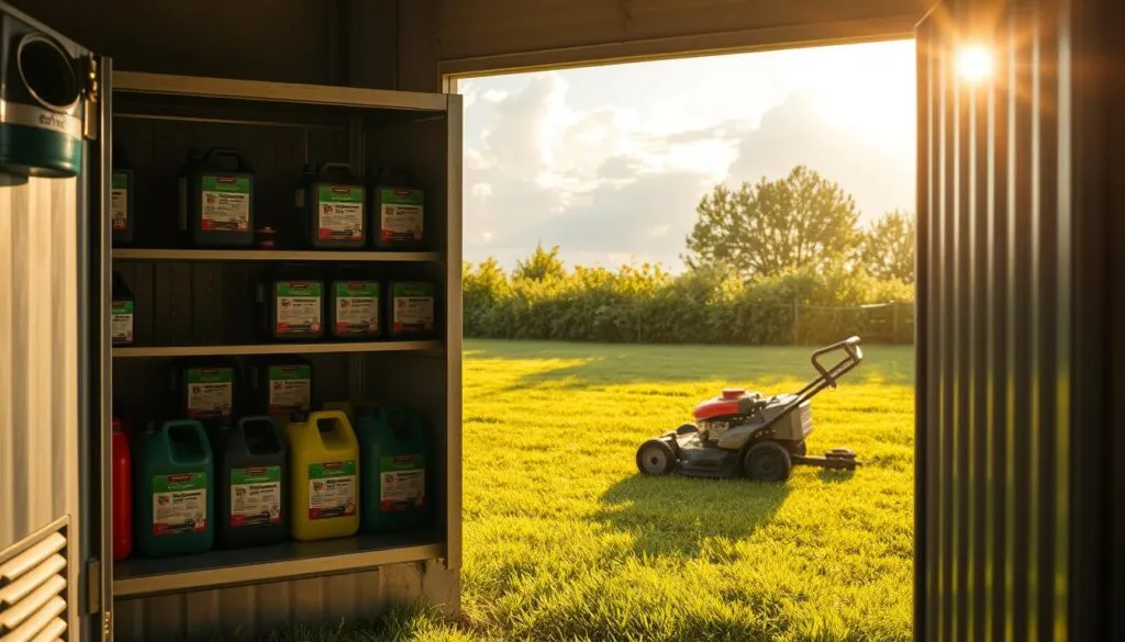 A neatly arranged gasoline storage area with a well-ventilated metal cabinet or shed in the foreground. Shelves hold properly labeled fuel canisters, each with a secure cap. The middle ground features a well-maintained lawnmower, its fuel tank empty. The background depicts a lush, verdant lawn, bathed in warm, golden afternoon sunlight filtering through fluffy clouds. The overall scene conveys a sense of safety, organization, and responsible gasoline handling practices for lawnmower maintenance. A neatly arranged gasoline storage area with a well-ventilated metal cabinet or shed in the foreground. Shelves hold properly labeled fuel canisters, each with a secure cap. The middle ground features a well-maintained lawnmower, its fuel tank empty. The background depicts a lush, verdant lawn, bathed in warm, golden afternoon sunlight filtering through fluffy clouds. The overall scene conveys a sense of safety, organization, and responsible gasoline handling practices for lawnmower maintenance.