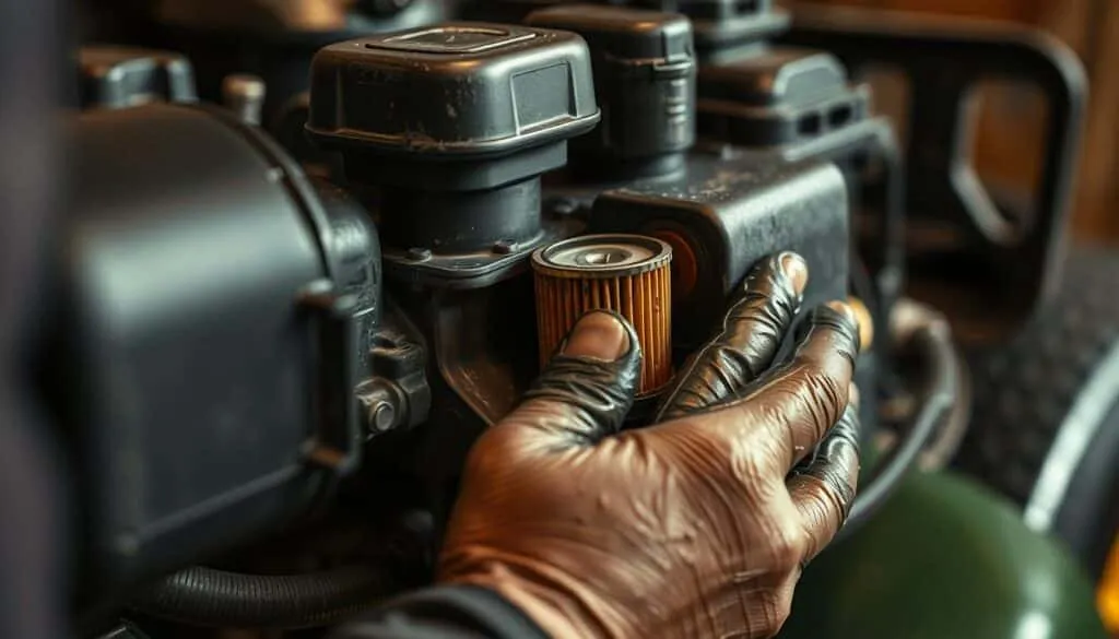 A well-lit close-up of a mechanic's hands closely inspecting the inner components of a lawn mower engine, including the oil reservoir, filter, and surrounding parts. The mechanic's face is not visible, but their hands are covered in grease, suggesting they are in the process of diagnosing an oil-related issue. The background is blurred, keeping the focus on the intricate details of the engine. The lighting is natural and warm, creating a sense of a workshop environment. The overall mood is one of focused problem-solving and a methodical approach to uncovering the source of the oil leak or malfunction.