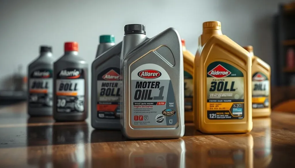 A well-lit, close-up photograph of various motor oil bottles and cans, prominently displaying their labels and key details like viscosity, engine type, and manufacturer. The bottles are arranged in a neat, organized manner on a clean, reflective surface, such as a wooden or metal table. The lighting is soft and even, casting subtle shadows that add depth and dimension to the scene. The background is out of focus, creating a sense of focus and emphasis on the motor oil products. The overall tone is informative and practical, conveying the importance of selecting the appropriate oil for a push lawn mower.