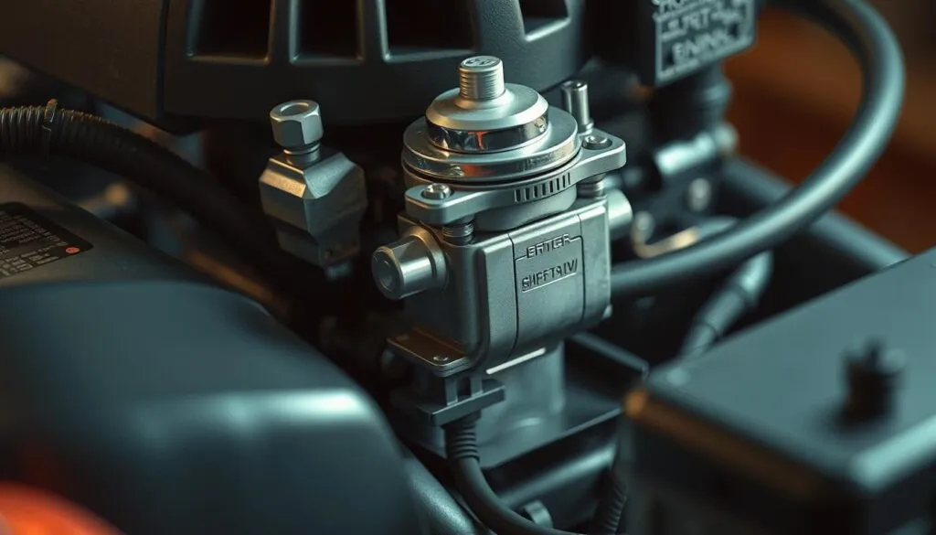 A well-lit, detailed close-up view of a small-engine fuel system, featuring a carburetor, fuel lines, and fuel tank. The components are meticulously rendered, showcasing their intricate mechanisms and materials, such as the metal body, plastic housing, and rubber seals. The lighting creates a sense of depth, highlighting the three-dimensional nature of the parts. The background is slightly blurred, maintaining the focus on the fuel system. The overall mood is one of technical precision and attention to detail, conveying the importance of proper maintenance for small engines like lawn mowers.