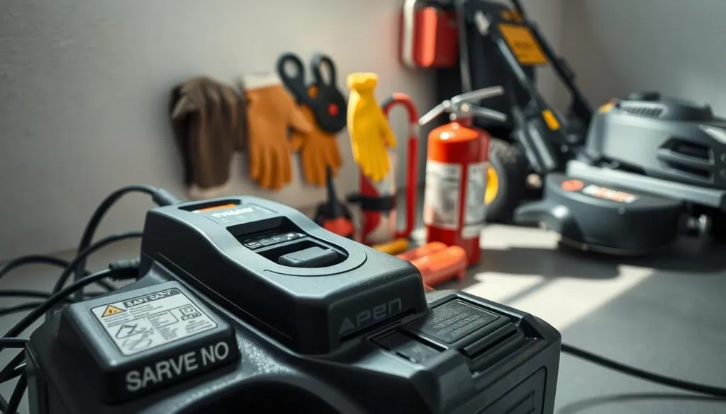 A well-lit, high-angle shot of a lawn mower charging station. In the foreground, a battery charger with clear safety labels is connected to a lawn mower battery. The middle ground features a set of safety tools like protective gloves, safety glasses, and a fire extinguisher, arranged neatly. In the background, a lawn mower is parked, and the space is clean and organized, conveying a sense of safety and attention to detail. The lighting is bright and natural, creating clear visibility and emphasizing the importance of safety precautions during the lawn mower battery charging process.