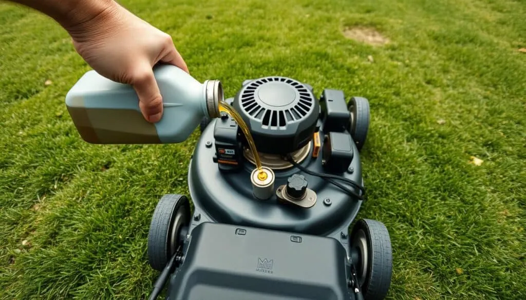 A well-lit, high-angle view of a push lawn mower on a grassy backyard setting. In the foreground, a pair of hands holding an oil container, pouring oil into the mower's engine. The middle ground shows the mower's components, with the oil filter and dipstick clearly visible. The background features a neatly trimmed lawn, with a shed or other outdoor structure in the distance, conveying a sense of a well-maintained, suburban environment. The overall mood is one of a straightforward, step-by-step process, with attention to detail and precision.