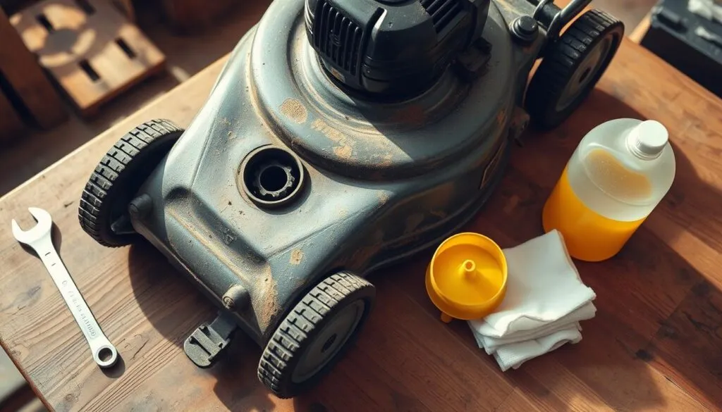 A well-lit, step-by-step visual guide to changing your push mower's oil. A worn, vintage push mower rests on a wooden workbench, surrounded by essential tools - a wrench, funnel, oil container, and clean rags. The camera angle is slightly elevated, providing a clear view of the mower's oil drain plug and fill port. Warm, natural lighting casts subtle shadows, highlighting the mower's weathered details. The overall atmosphere is instructional yet inviting, guiding the viewer through the maintenance process with clarity and ease.