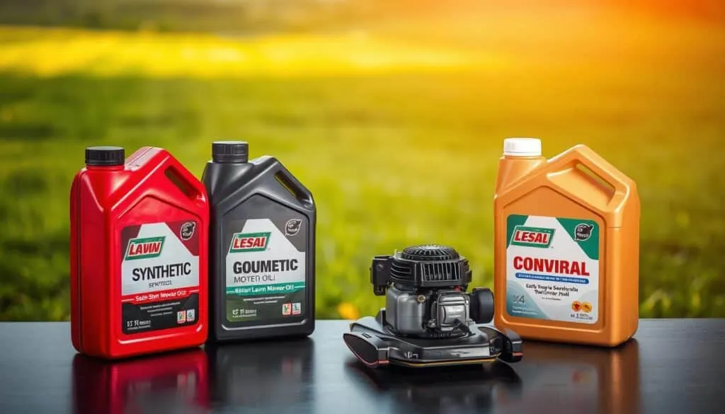 A well-lit tabletop scene showcasing different containers of lawn mower oil. In the foreground, three bottles of synthetic, semi-synthetic, and conventional motor oils are arranged neatly, their labels prominently displayed. In the middle ground, a small lawn mower engine sits, inviting the viewer to consider the oil options. The background features a soft, blurred landscape of a lush, green lawn, creating a natural and serene atmosphere. The lighting is warm and directional, accentuating the colors and textures of the oils and engine components. The overall composition emphasizes the comparison of the various lawn mower oil options. A well-lit tabletop scene showcasing different containers of lawn mower oil. In the foreground, three bottles of synthetic, semi-synthetic, and conventional motor oils are arranged neatly, their labels prominently displayed. In the middle ground, a small lawn mower engine sits, inviting the viewer to consider the oil options. The background features a soft, blurred landscape of a lush, green lawn, creating a natural and serene atmosphere. The lighting is warm and directional, accentuating the colors and textures of the oils and engine components. The overall composition emphasizes the comparison of the various lawn mower oil options.