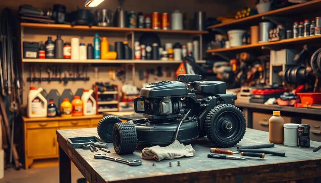 A well-lit workshop interior, with a sturdy workbench in the foreground. On the bench, a lawn mower engine partially disassembled, surrounded by an array of tools - wrenches, screwdrivers, and a clean rag. In the middle ground, a neatly organized set of motor oil bottles, filters, and other maintenance supplies. In the background, shelves filled with organized parts and equipment, casting warm, directional lighting across the scene. The atmosphere is one of focused, professional care - a meticulously maintained lawn mower, ready to perform at its best.