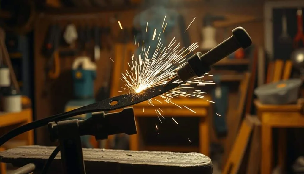 A well-lit workshop interior with a sturdy workbench in the foreground. On the workbench, a lawnmower blade is clamped, and a sharpening tool is being carefully applied to the blade's edge, creating a shower of sparks. The background is blurred, creating a sense of focus on the sharpening process. Warm, directional lighting illuminates the scene, casting shadows that emphasize the blade's contours. The atmosphere is one of precision and diligence, with a sense of the importance of maintaining the mower's performance. A well-lit workshop interior with a sturdy workbench in the foreground. On the workbench, a lawnmower blade is clamped, and a sharpening tool is being carefully applied to the blade's edge, creating a shower of sparks. The background is blurred, creating a sense of focus on the sharpening process. Warm, directional lighting illuminates the scene, casting shadows that emphasize the blade's contours. The atmosphere is one of precision and diligence, with a sense of the importance of maintaining the mower's performance.