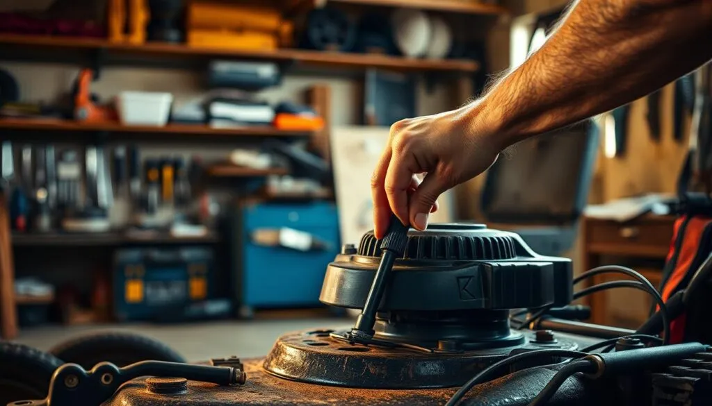 A well-lit workshop scene with a lawn mower in the foreground. A mechanic's hand carefully checking the dipstick to accurately measure the oil level, with a focused, thoughtful expression. In the background, shelves of tools and an open toolbox suggest a professional, organized workspace. The lighting is warm and natural, casting soft shadows that emphasize the textures and details of the mower and the mechanic's actions. The overall mood is one of calm attentiveness, conveying the importance of properly maintaining one's lawn equipment.
