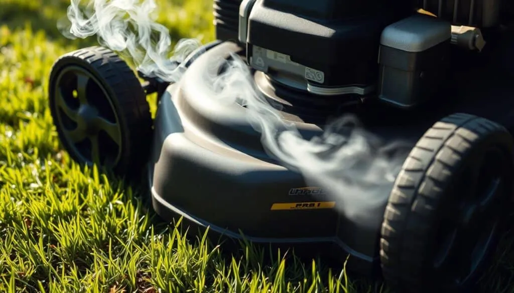 A well-maintained lawn mower on a lush green lawn, the engine emitting a plume of white smoke. Close-up view, highlighting the engine compartment and the exhaust pipe. Soft natural lighting casts gentle shadows, creating a sense of depth and realism. The mower is positioned at a slight angle, inviting the viewer to examine the issue closely. The overall scene conveys a sense of troubleshooting and problem-solving, setting the stage for the article's A well-maintained lawn mower on a lush green lawn, the engine emitting a plume of white smoke. Close-up view, highlighting the engine compartment and the exhaust pipe. Soft natural lighting casts gentle shadows, creating a sense of depth and realism. The mower is positioned at a slight angle, inviting the viewer to examine the issue closely. The overall scene conveys a sense of troubleshooting and problem-solving, setting the stage for the article's